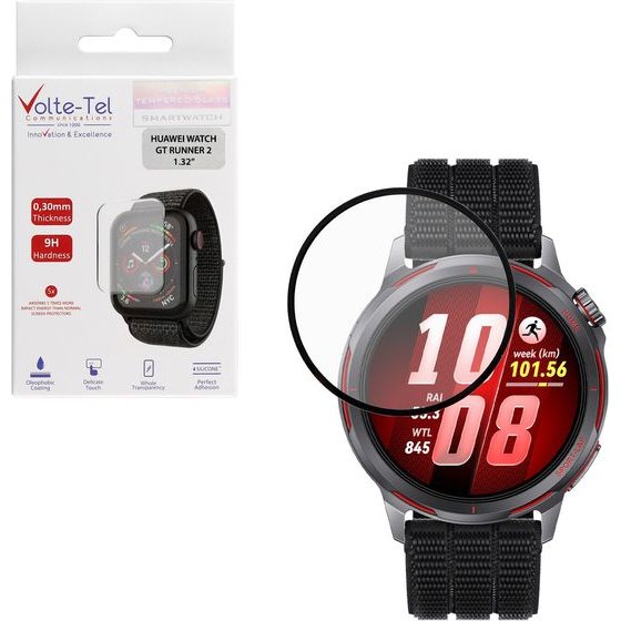Volte-Tel Plexi Tempered Glass Huawei Watch Gt Runner 2 43.5mm 3D Edge 1.32in 0.30mm Full Glue Full Cover BLACK