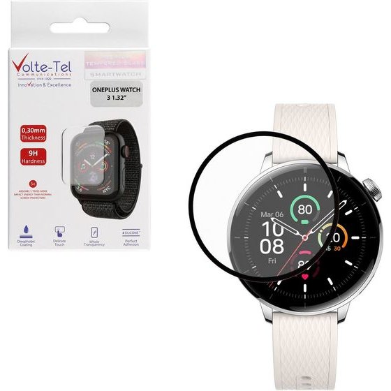Volte-Tel Plexi Tempered Glass Oneplus Watch 3 43MM 3D Edge 1.32in 0.30mm Full Glue Full Cover BLACK