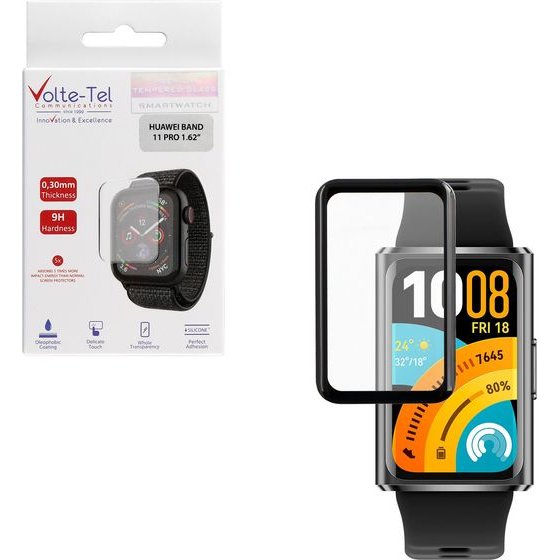 Volte-Tel Plexi Tempered Glass Huawei Band 11 Pro 3D Edge 1.62in 0.30mm Full Glue Full Cover BLACK