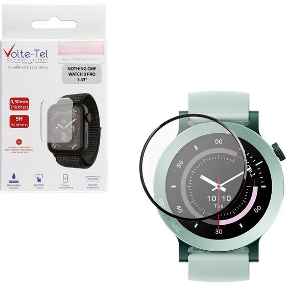 Volte-Tel Plexi Tempered Glass Nothing Cmf Watch 3 Pro 47MM 3D Edge 1.43in 0.30mm Full Glue Full Cover BLACK