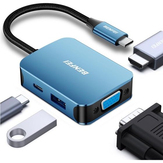 Benfei Adapter Hub 4 In 1 USB-C To 4K Hdmi USB-C 1x Usb A Vga blue