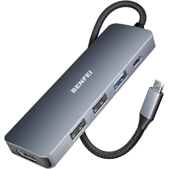 Benfei Adapter Hub 5 In 1 USB-C To 4K Hdmi USB-C 100W Pd 3x Usb A gray