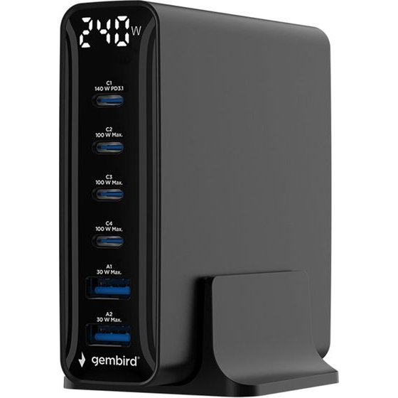 Gembird 6-Port 240W Gan Usb Fast C Harger Black - (TA-UC-2A4C-PD240-01-BK)