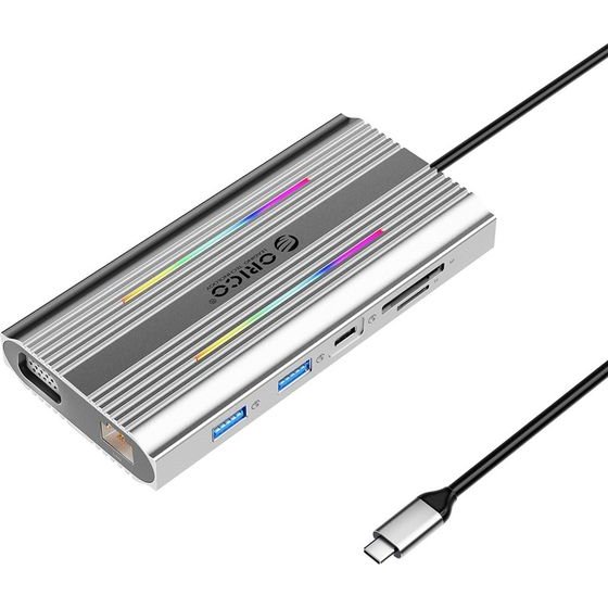 Orico Xdr 12in1 Rgb USB-C Docking Station USB-A USB-C Pd 100W 2x Hdmi 4K 60Hz Vga RJ45 Gigabit Sd And Microsd Card Reader - Gray -XDR-X1-SV-Bp - (ORICO-XDR-X1-SV-BP)